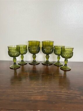 Indiana Glass Olive Green Cut-Glass Goblet Set